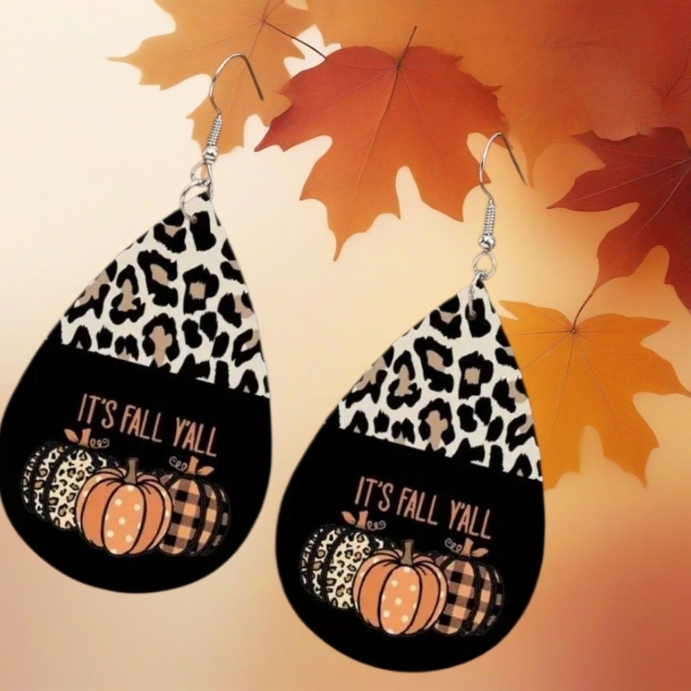 Retro Leopard Pattern Its Fall Ya'll Dangle Drop Hook Earrings.